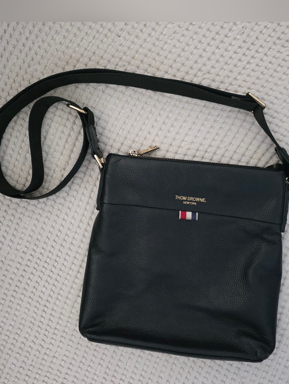 Thom Browne Black Pebbled Leather Messenger with Tricolor Stripe
